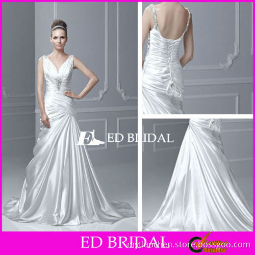 A Line V Neck Court Train Taffeta Crystal Applique Ruched Bodice Pleated Bust Beaded Ruffled Wide Shoulder Strap Wedding Dress
